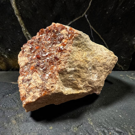 Spessartine Garnet crystals on natural matrix with sparkling druzy crystal clusters from Pakistan, 234 gram mineral specimen measuring 3 x 1.5 x 1.75 inches, Raven's Cauldron, Delaware, OH