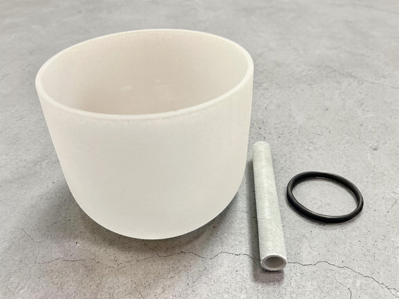 9 inch frosted crystal singing bowl F# 379 Hz with suede striker and O-ring for sound healing meditation Raven’s Cauldron, Delaware, OH