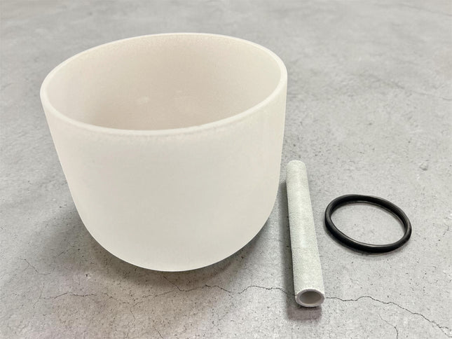 9 inch frosted crystal singing bowl F# 379 Hz with suede striker and O-ring for sound healing meditation Raven’s Cauldron, Delaware, OH