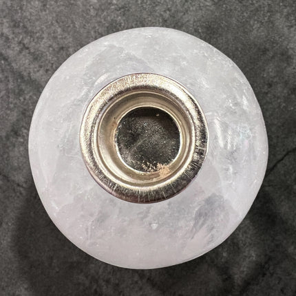 Selenite sphere chime candle holder polished crystal 0.5 inch candle opening energy cleansing decor, from Raven's Cauldron, 6 N Sandusky St, Delaware, OH 43015