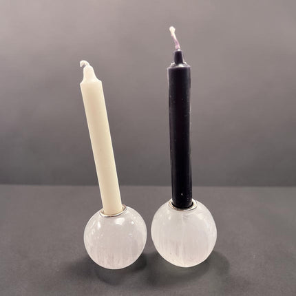 Selenite sphere chime candle holder polished crystal 0.5 inch candle opening energy cleansing decor, from Raven's Cauldron, 6 N Sandusky St, Delaware, OH 43015