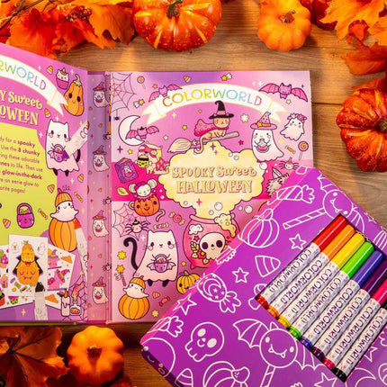 Colorworld Spooky Sweet Halloween coloring set with 8 markers, glow-in-the-dark stickers and cute Halloween coloring pages