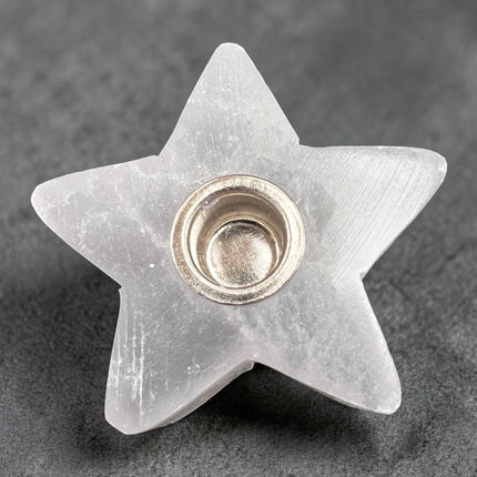 Selenite star chime candle holder for crystal cleansing and charging with 0.5 inch candle opening, Raven's Cauldron, 6 N Sandusky St, Delaware, OH 43015