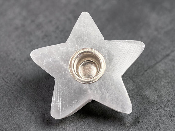 Selenite star chime candle holder for crystal cleansing and charging with 0.5 inch candle opening, Raven's Cauldron, 6 N Sandusky St, Delaware, OH 43015