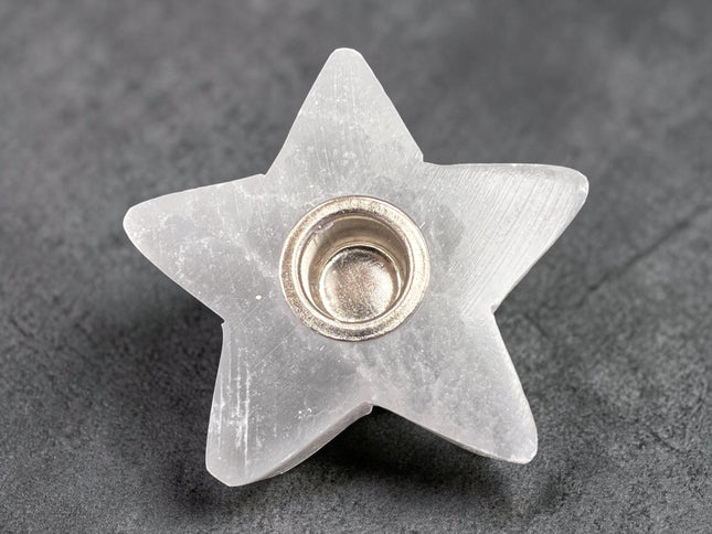 Selenite star chime candle holder for crystal cleansing and charging with 0.5 inch candle opening, Raven's Cauldron, 6 N Sandusky St, Delaware, OH 43015