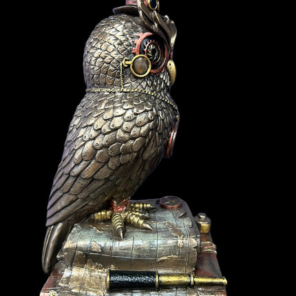 Steampunk Mechanical Owl Standing on Books Statue by Veronese Design - Raven's Cauldron