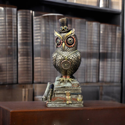 Steampunk Mechanical Owl Standing on Books Statue by Veronese Design - Raven's Cauldron