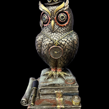 Steampunk Mechanical Owl Standing on Books Statue by Veronese Design - Raven's Cauldron