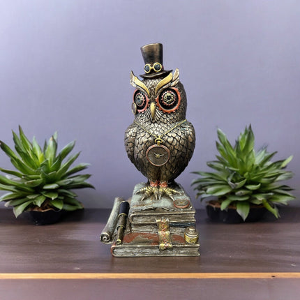 Steampunk Mechanical Owl Standing on Books Statue by Veronese Design - Raven's Cauldron