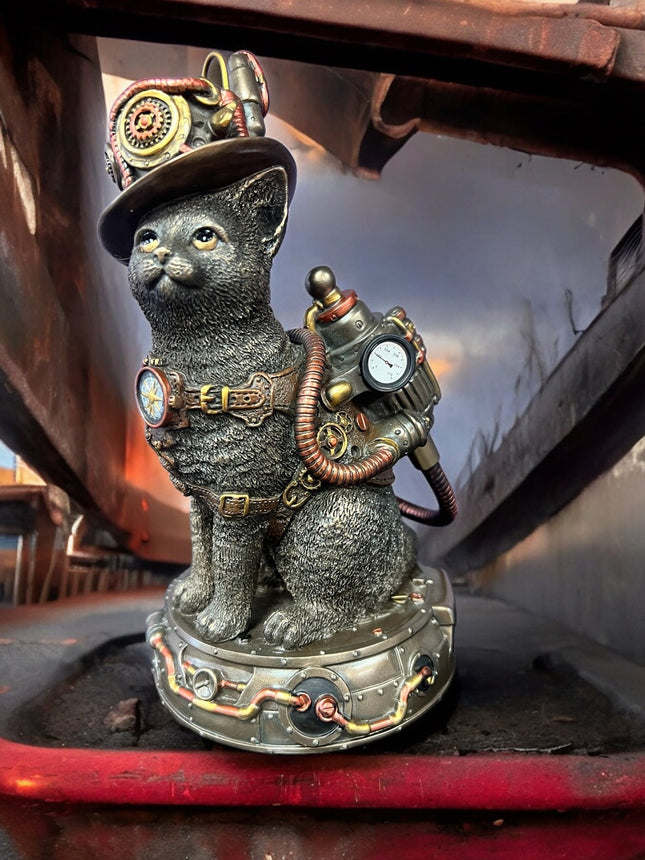 Steampunk Mechanical Sitting Cat Tinkerer Statue by Veronese Design - Raven's Cauldron