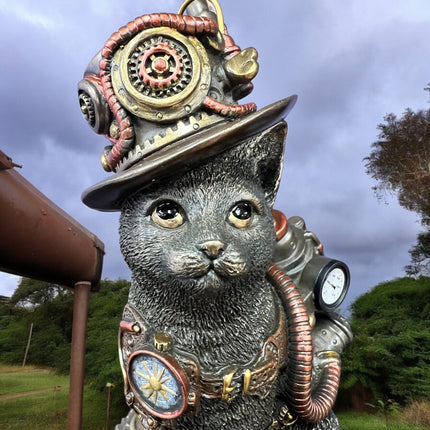 Steampunk Mechanical Sitting Cat Tinkerer Statue by Veronese Design - Raven's Cauldron