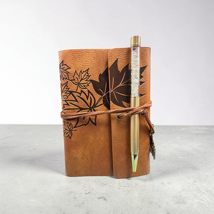 Maple Leaf Journal with matching crystal pen measuring 5.75 x 4.25 inches for journaling, tarot notes and spiritual writing.