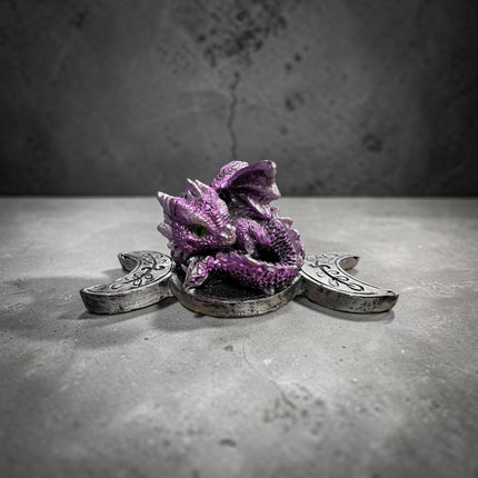 Nemesis Now Triple Moon Guardian purple dragon figurine inside a silver Triple Moon