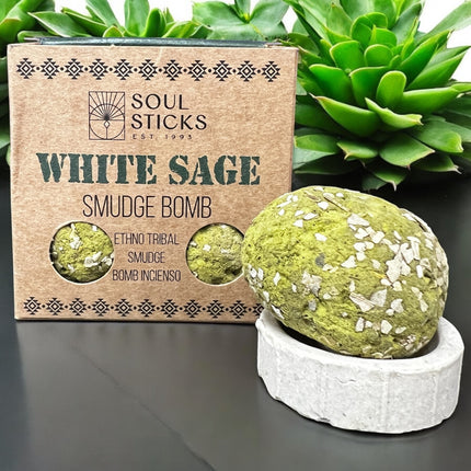 Soul Sticks White Sage Smudge Bomb Incense set with 5 white sage smudge bombs and 1 holder, perfect for cleansing negative energy, joy, excitement, and magical rituals, made in India, available at Raven’s Cauldron, 6 N Sandusky St, Delaware, OH 43015