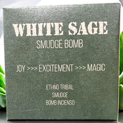 Soul Sticks White Sage Smudge Bomb Incense set with 5 white sage smudge bombs and 1 holder, perfect for cleansing negative energy, joy, excitement, and magical rituals, made in India, available at Raven’s Cauldron, 6 N Sandusky St, Delaware, OH 43015