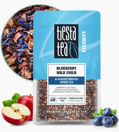 Tiesta Tea Blueberry Wild Child loose leaf tea in a 1.8 oz pouch featuring blueberry-inspired packaging.