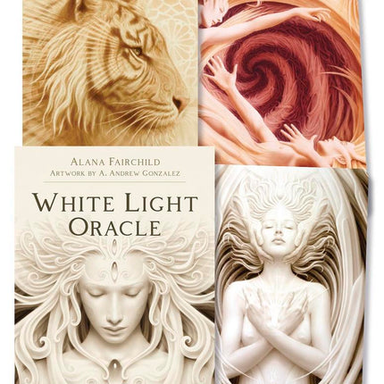 The White Light Oracle Pocket Edition by Alana Fairchild featuring 44 oracle cards with artwork by A. Andrew Gonzalez, mini boxed deck published by Llewellyn, Raven's Cauldron, Delaware, OH
