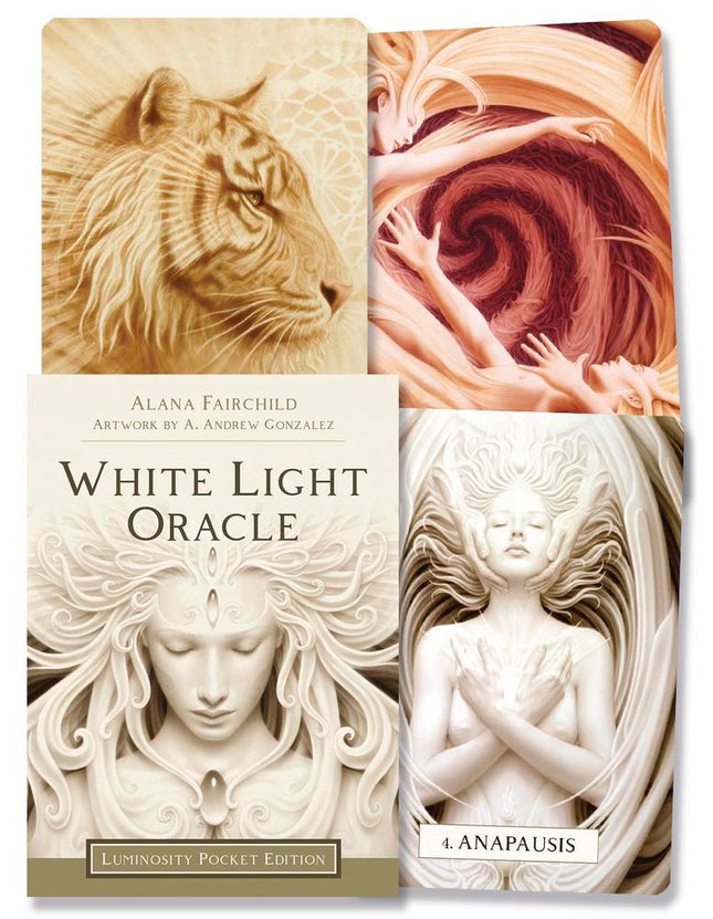 The White Light Oracle Pocket Edition by Alana Fairchild featuring 44 oracle cards with artwork by A. Andrew Gonzalez, mini boxed deck published by Llewellyn, Raven's Cauldron, Delaware, OH