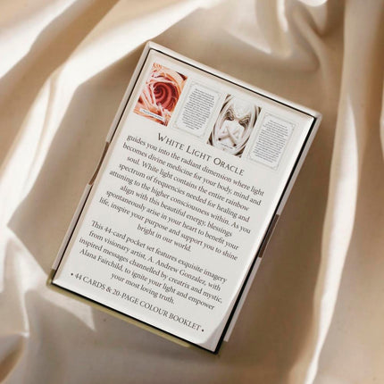 The White Light Oracle Pocket Edition by Alana Fairchild featuring 44 oracle cards with artwork by A. Andrew Gonzalez, mini boxed deck published by Llewellyn, Raven's Cauldron, Delaware, OH