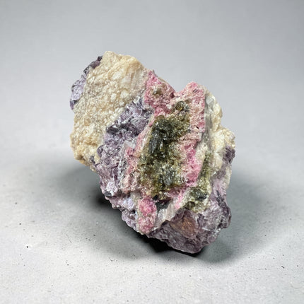 Large Watermelon Tourmaline crystal embedded in Lepidolite mica matrix specimen weighing 729 grams with pink, green, and purple coloration, Raven's Cauldron, Delaware, OH