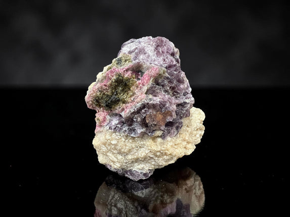 Large Watermelon Tourmaline crystal embedded in Lepidolite mica matrix specimen weighing 729 grams with pink, green, and purple coloration, Raven's Cauldron, Delaware, OH