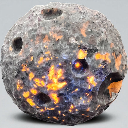 Yooperlite Moon Sphere 3.5 inches glowing under UV light – Raven’s Cauldron 6 N Sandusky St. Delaware, OH 43015