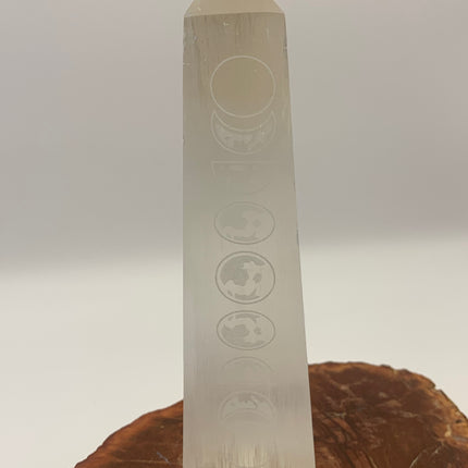 Selenite Tower etched  Moon Phase - 6 inches