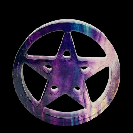 Hand Carved Rainbow Fluorite Pentagram - 4 inches diameter - Raven's Cauldron