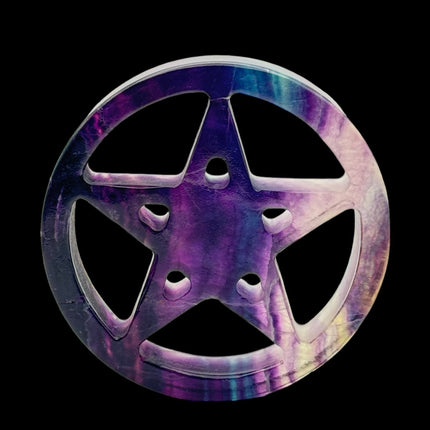 Hand Carved Rainbow Fluorite Pentagram - 4 inches diameter - Raven's Cauldron