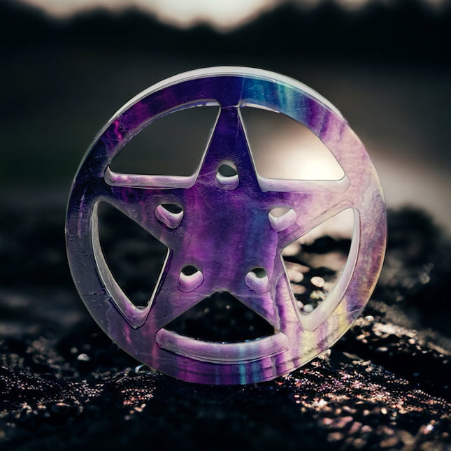 Hand Carved Rainbow Fluorite Pentagram - 4 inches diameter - Raven's Cauldron