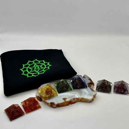 Orgonite Chakra Set with custom silk Sacred Geometry bag - Raven's Cauldron