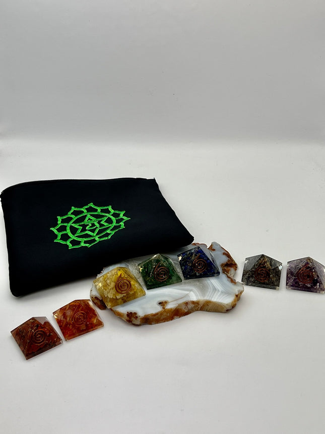 Orgonite Chakra Set with custom silk Sacred Geometry bag - Raven's Cauldron