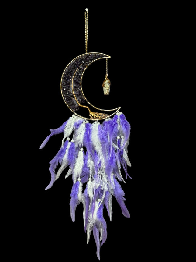 Purple Amethyst Moon Dreamcatcher - with Amethyst Chips - Raven's Cauldron