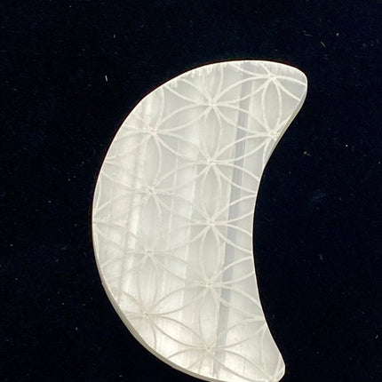 Selenite Moon with Seed of Life etching - Raven's Cauldron