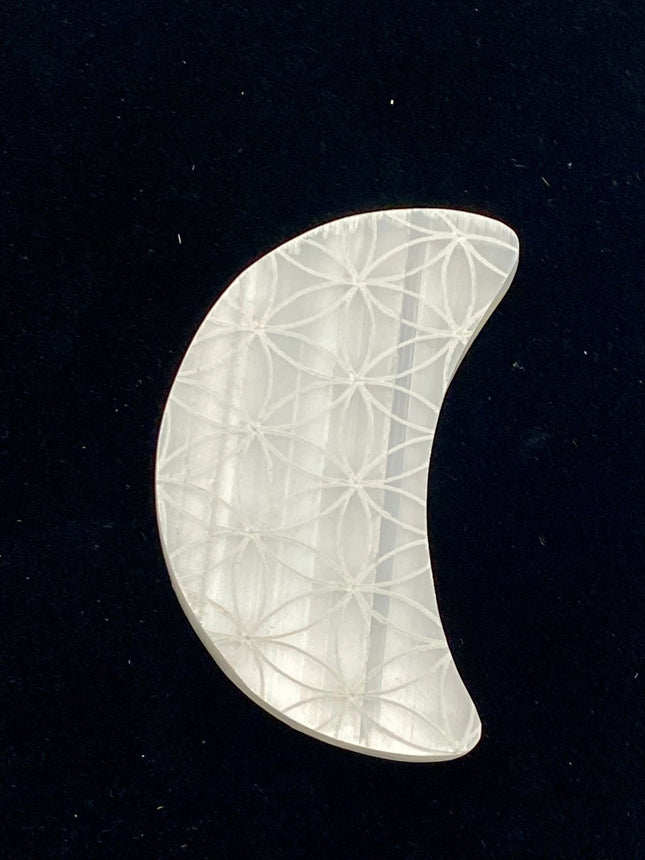 Selenite Moon with Seed of Life etching - Raven's Cauldron